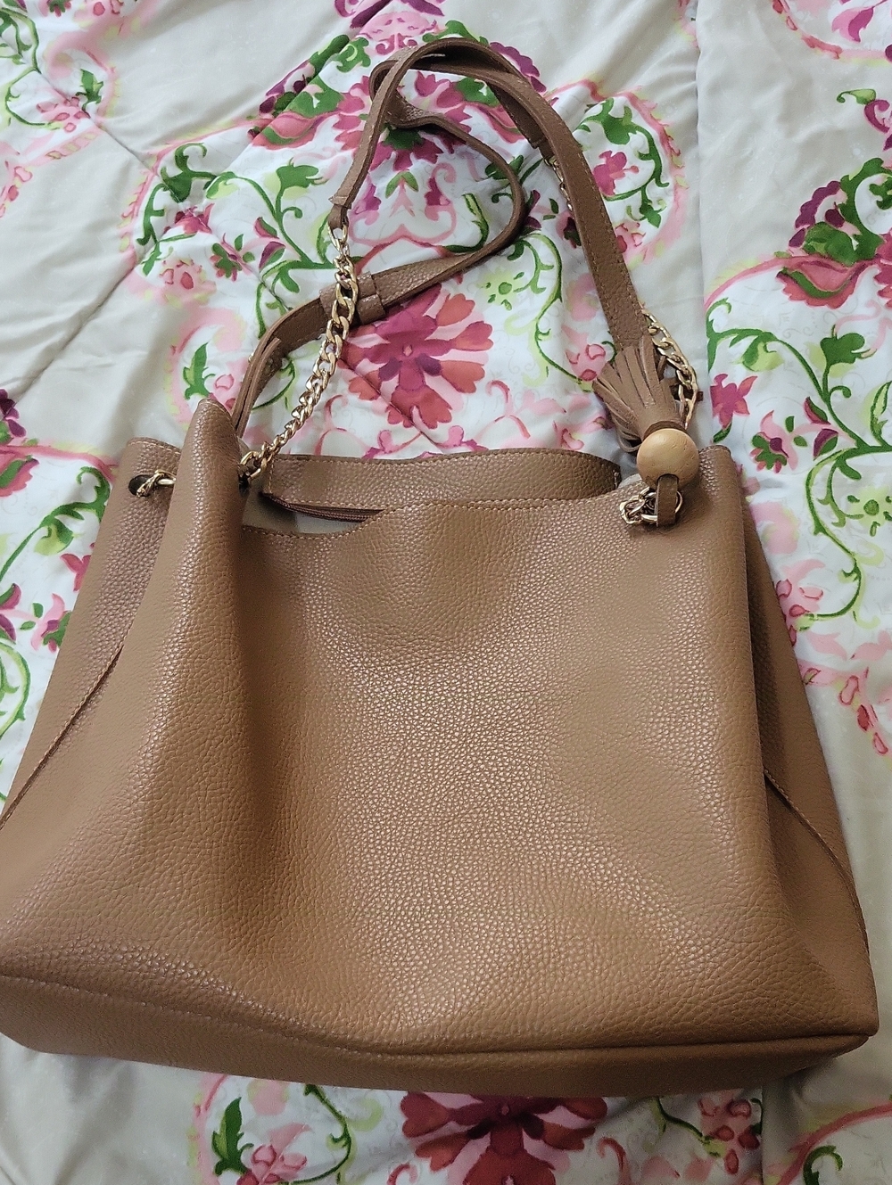 Women's Tan Tote Bag with Gold Chain Accent